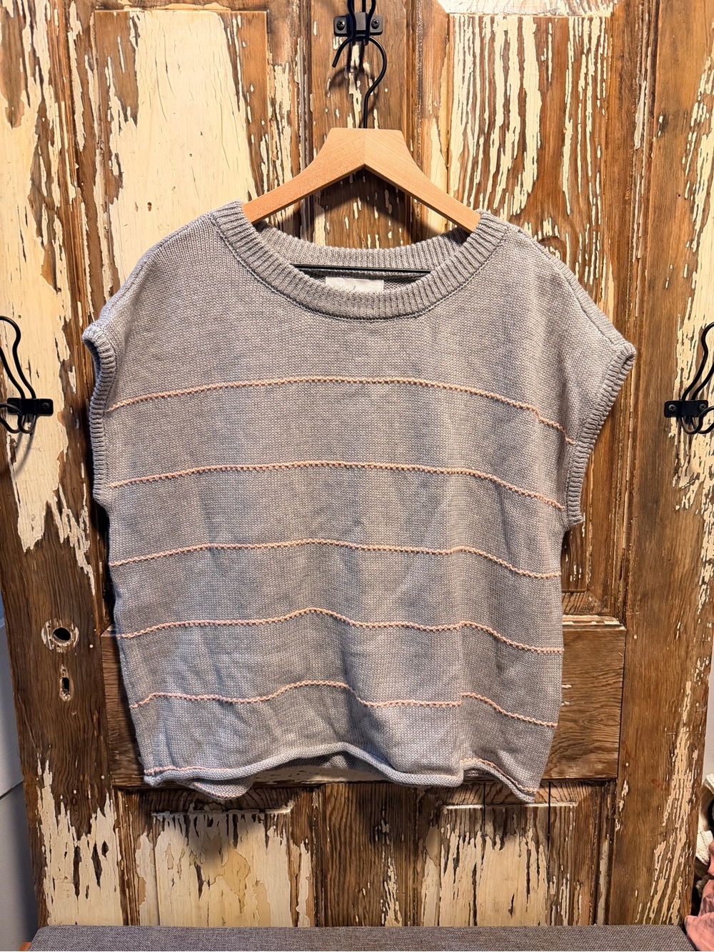 Casual Crewneck Knit Sweater Vest in Light Gray with Pink Trim